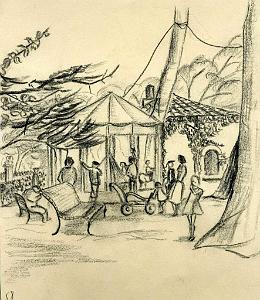 1958 MANEGE AU JARDIN PUBLIC DESSIN SUR LE MOTIF